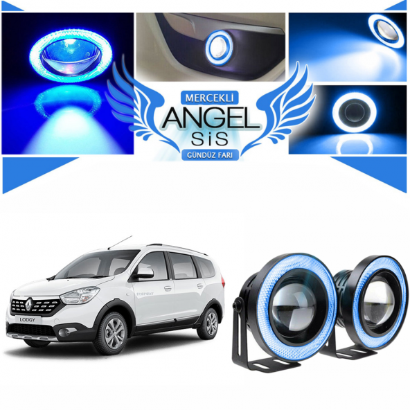 Dacia Lodgy Uyumlu, Universal Mercekli Led Angel Sis Farı, 76mm Buz Mavi Renk - 1