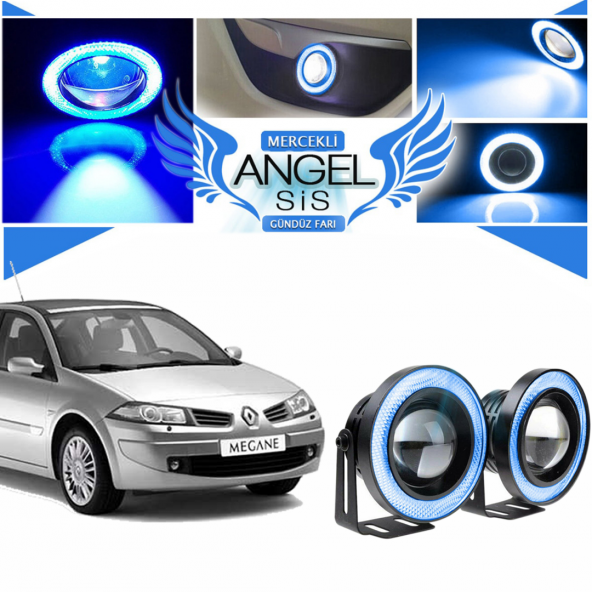 Renault Megane 2 Uyumlu, Universal Mercekli Led Angel Sis Farı, 76mm Buz Mavi Renk - 1