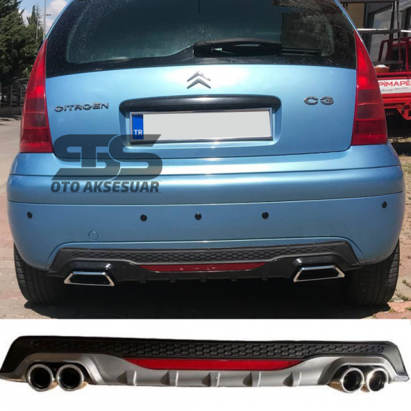 Citroen C3 Difüzör Arka Tampon Eki 4 Egzoz Çıkışlı Gri Lüx Tip
