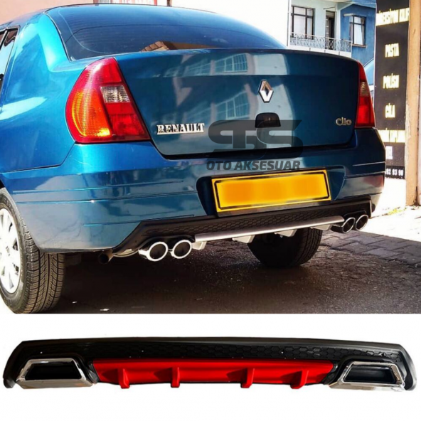 Ranault Clio 2 Sedan Difüzör Arka Tampon Eki 2 Egzoz Çıkışlı Kırmızı Lüx Tip
