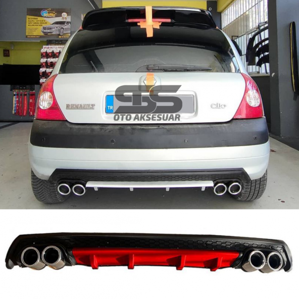 Renault Clio 2 HB Difüzör Arka Tampon Eki 4 Egzoz Çıkışlı Kırmızı Lüx Tip