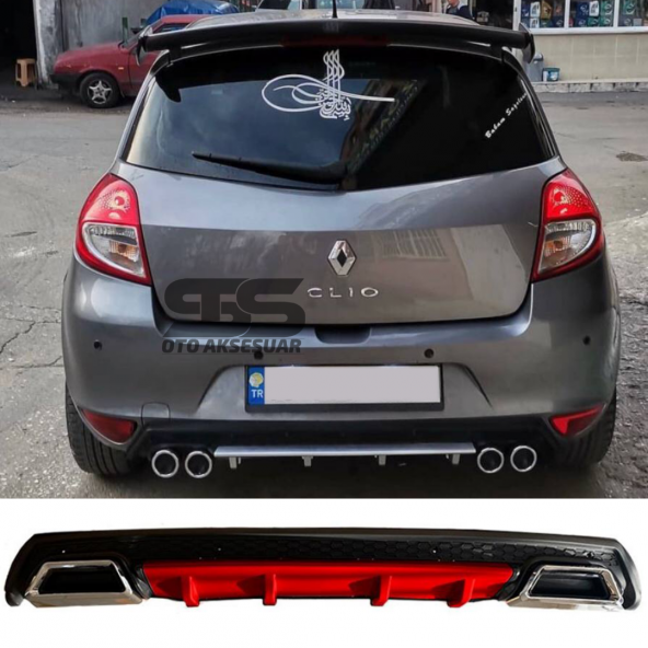 Renault Clio 3 Difüzör Arka Tampon Eki 2 Egzoz Çıkışlı Kırmızı Lüx Tip