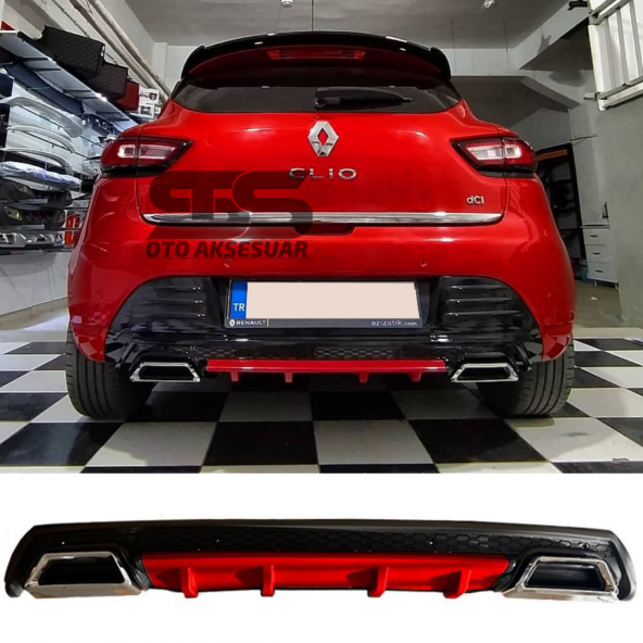 Renault Clio 4 Difüzör Arka Tampon Eki 2 Egzoz Çıkışlı Kırmızı Lüx Tip) ürün görseli 1