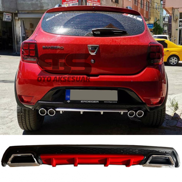 Dacia Sandero Difüzör Arka Tampon Eki 2 Egzoz Çıkışlı Kırmızı Lüx Tip - 1