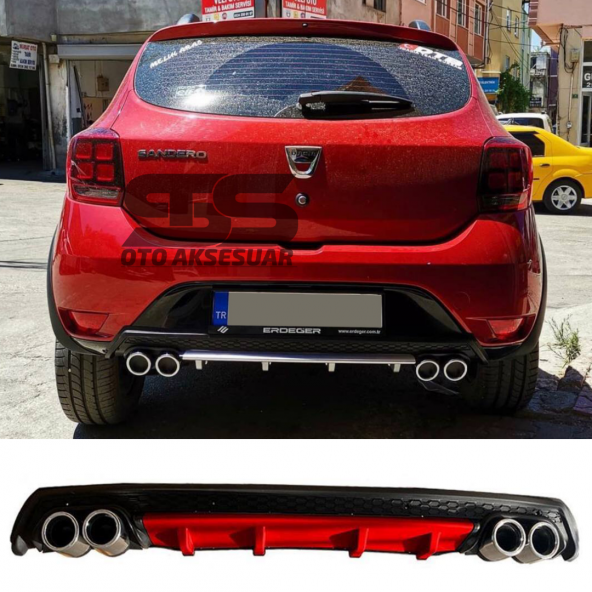 Dacia Sandero Difüzör Arka Tampon Eki 4 Egzoz Çıkışlı Kırmızı Lüx Tip ürün görseli 1