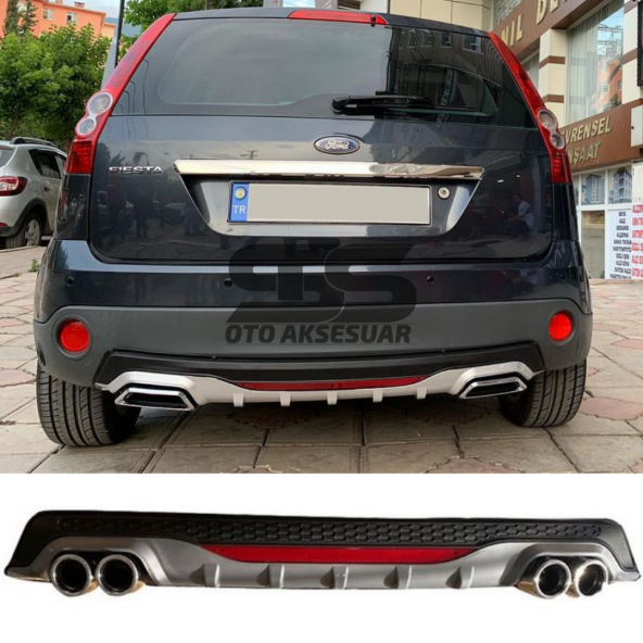 Ford Fiesta 2003-2008 Difüzör Arka Tampon Eki 4 Egzoz Çıkışlı Gri Reflektörlü