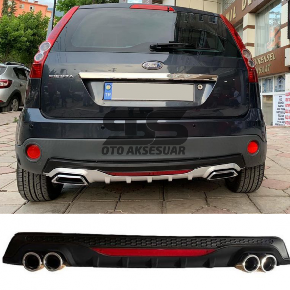 Ford Fiesta 2003-2008 Difüzör Arka Tampon Eki 4 Egzoz Çıkışlı Siyah Reflektörlü ürün görseli 1
