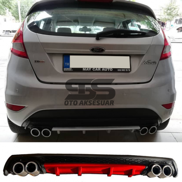 Ford Fiesta Mk7 Difüzör Arka Tampon Eki 4 Egzoz Çıkışlı Kırmızı Lüx Tip ürün görseli 1