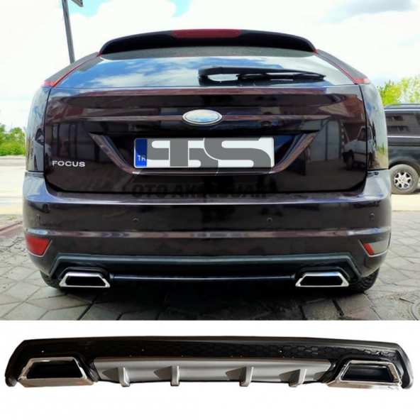 Ford Focus 2 HB Difüzör Arka Tampon Eki 2 Egzoz Çıkışlı Gri Lüx Tip