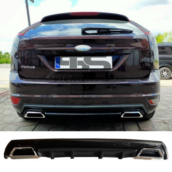 Ford Focus 2 HB Difüzör Arka Tampon Eki 2 Egzoz Çıkışlı Siyah Lüx Tip ürün görseli 1