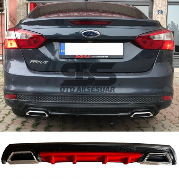 Ford Focus 3 Difüzör Arka Tampon Eki 2 Egzoz Çıkışlı Kırmızı Lüx Tip