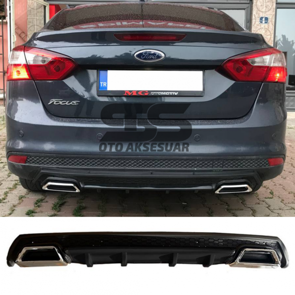 Ford Focus 3 Difüzör Arka Tampon Eki 2 Egzoz Çıkışlı Siyah Lüx Tip ürün görseli 1