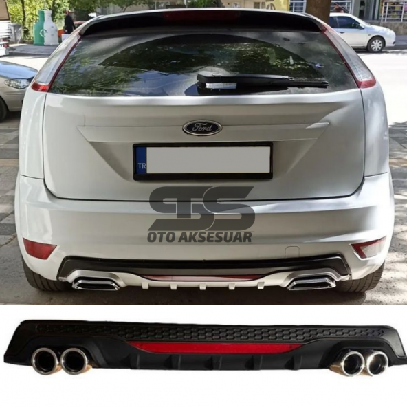 Ford Focus 2 HB Difüzör Arka Tampon Eki 4 Egzoz Çıkışlı Siyah Reflektörlü