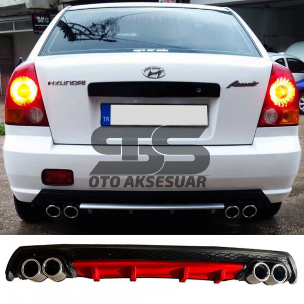 Hyundai Accent Admire Difüzör Arka Tampon Eki 4 Egzoz Çıkışlı Kırmızı Lüx Tip ürün görseli 1