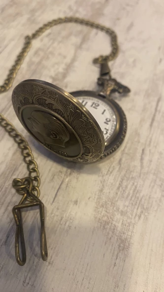 Atatürk Kabartmalı Cep Saati Köstekli Saat Kapağa Yazı Yazılır - Resim 5