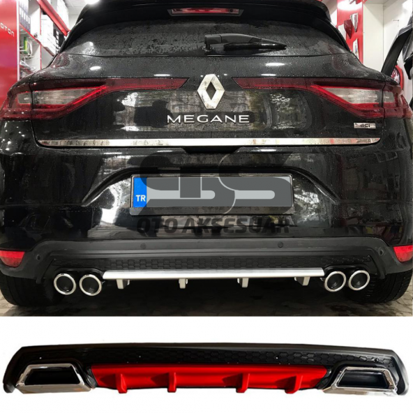 Renault Megane 4 Difüzör Arka Tampon Eki 2 Egzoz Çıkışlı Kırmızı Lüx Tip ürün görseli 1