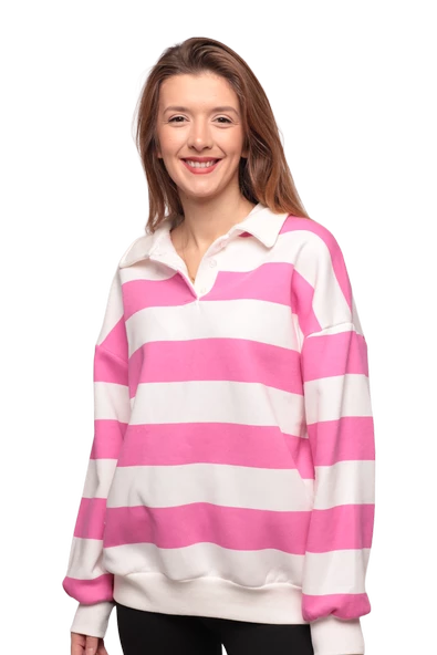 Çizgili 3 İplik Kadın Sweatshirt 5806 | Pembe