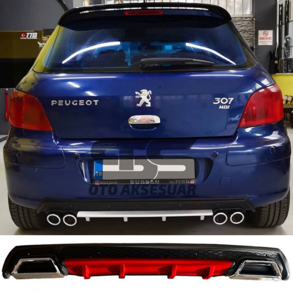 Peugeot 307 Difüzör Arka Tampon Eki 2 Egzoz Çıkışlı Kırmızı Lüx Tip - 1