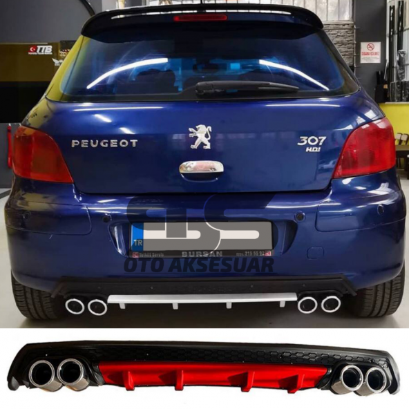 Peugeot 307 Difüzör Arka Tampon Eki 4 Egzoz Çıkışlı Kırmızı Lüx Tip ürün görseli 1