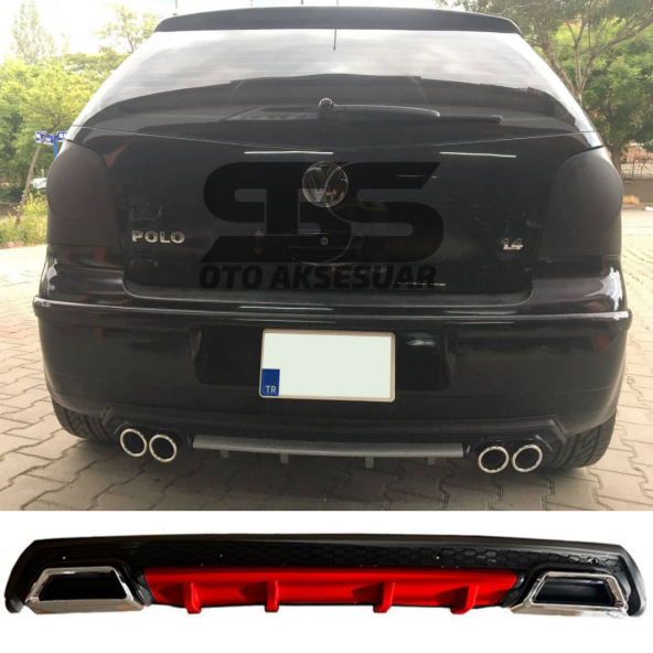 Volkswagen Polo Mk4 Difüzör Arka Tampon Eki 2 Egzoz Çıkışlı Kırmızı Lüx Tip ürün görseli 1
