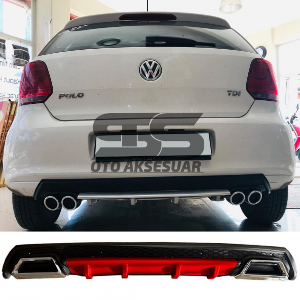 Volkswagen Polo MK5 Difüzör Arka Tampon Eki 2 Egzoz Çıkışlı Kırmızı Lüx Tip