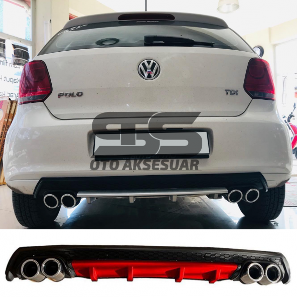 Volkswagen Polo MK5 Difüzör Arka Tampon Eki 4 Egzoz Çıkışlı Kırmızı Lüx Tip ürün görseli 1