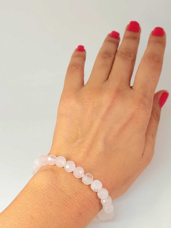 Kristalize Açık Pembe Kuvars Taşı Faset Kesim 8mm Unisex Bileklik (42560-tek) - Resim 2