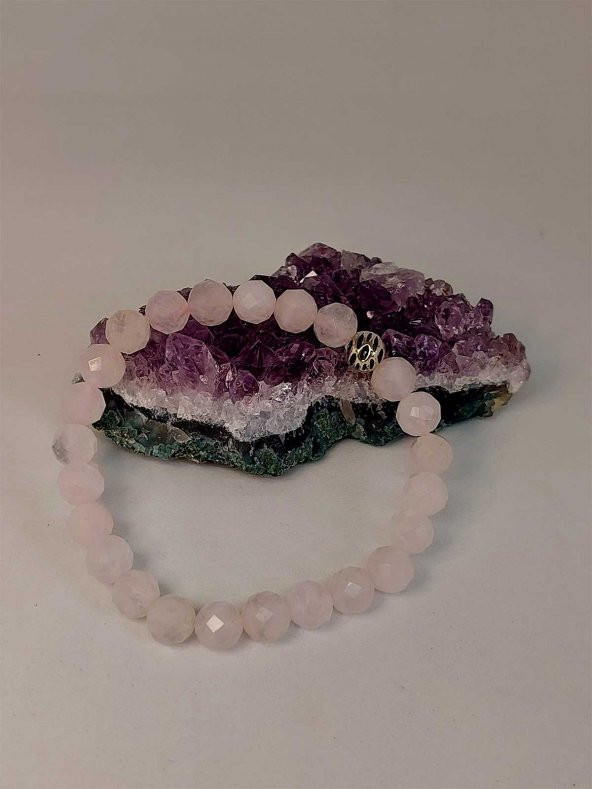 Kristalize Açık Pembe Kuvars Taşı Faset Kesim 8mm Unisex Bileklik (42560-tek) - Resim 4