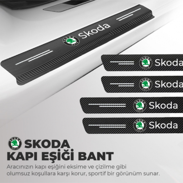 Skoda Logolu Karbon Kapı Eşiği Koruyucu Bant Folyo 4lü Set