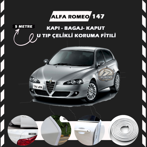 Alfa Romeo 147 Oto Araç Kapı Koruma Fitili 5metre Parlak Beyaz Renk ürün görseli 1