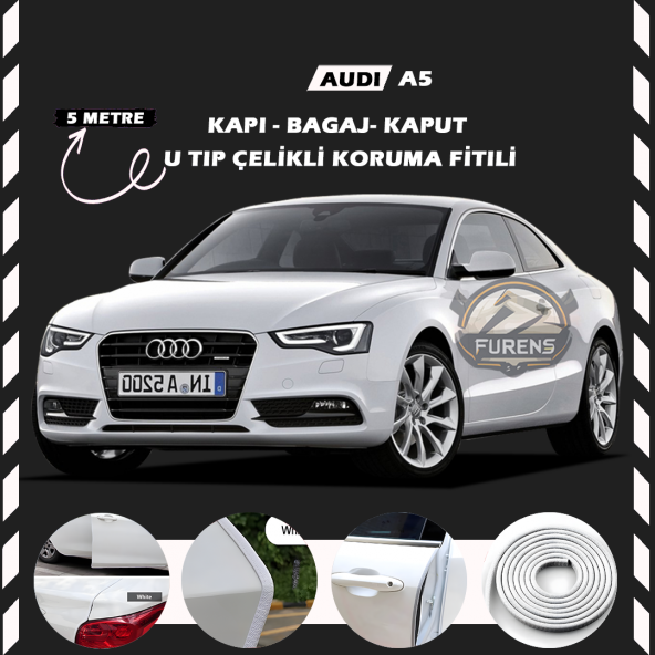 Audi A5 Oto Araç Kapı Koruma Fitili 5metre Parlak Beyaz Renk - 1