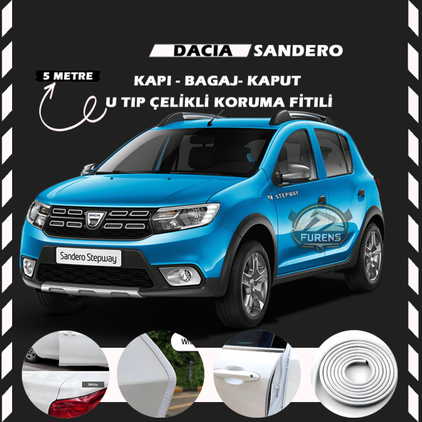 Dacia Sandero Oto Araç Kapı Koruma Fitili 5metre Parlak Beyaz Renk ürün görseli 1