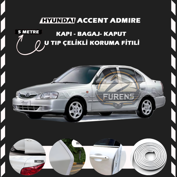 Hyunda Accent Admire Oto Araç Kapı Koruma Fitili 5metre Parlak Beyaz Renk ürün görseli 1