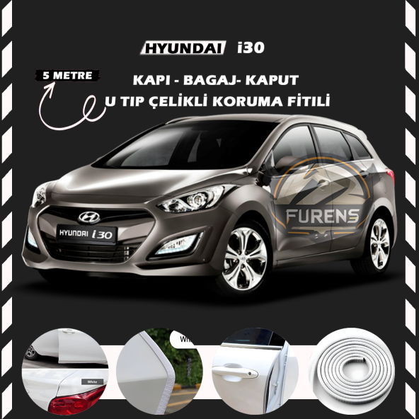 Hyundai İ30 Oto Araç Kapı Koruma Fitili 5metre Parlak Beyaz Renk ürün görseli 1