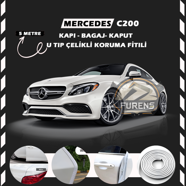 Mercedes C200 Oto Araç Kapı Koruma Fitili 5metre Parlak Beyaz Renk