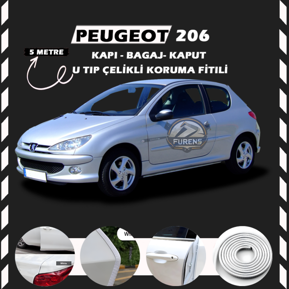 Peugeot 206 Oto Araç Kapı Koruma Fitili 5metre Parlak Beyaz Renk