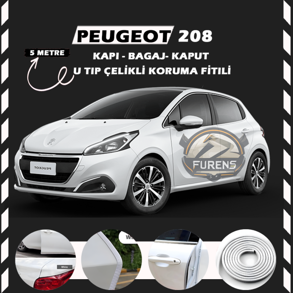 Peugeot 208 Oto Araç Kapı Koruma Fitili 5metre Parlak Beyaz Renk ürün görseli 1