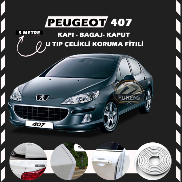 Peugeot 407 Oto Araç Kapı Koruma Fitili 5metre Parlak Beyaz Renk