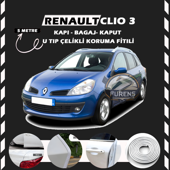 Renault Clio 3 Oto Araç Kapı Koruma Fitili 5metre Parlak Beyaz Renk ürün görseli 1