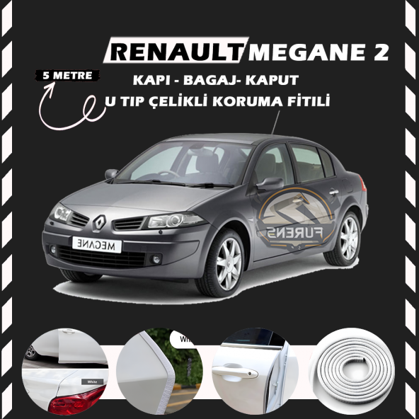 Renault Megane 2 Oto Araç Kapı Koruma Fitili 5metre Parlak Beyaz Renk