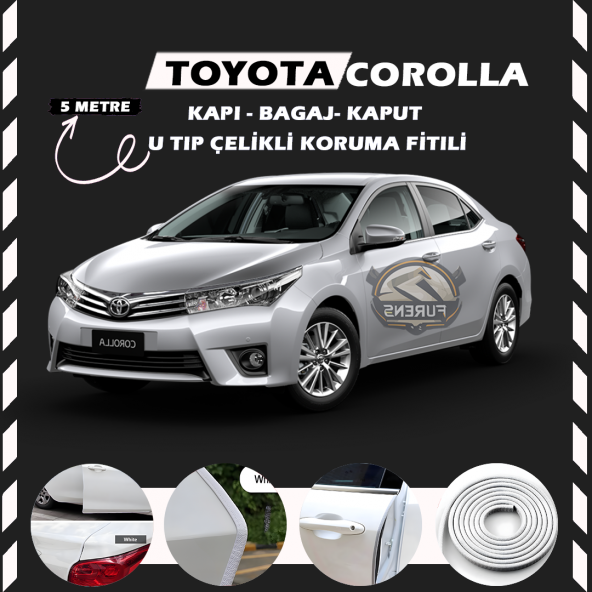 Toyota Corolla Oto Araç Kapı Koruma Fitili 5metre Parlak Beyaz Renk