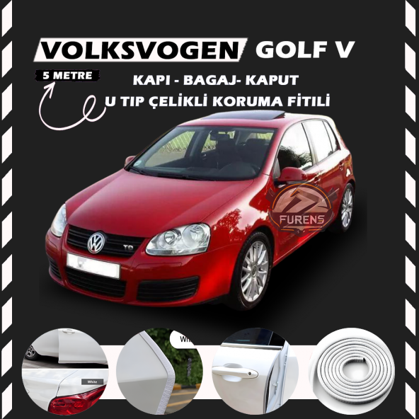 Volksvogen Golf 5 Oto Araç Kapı Koruma Fitili 5metre Parlak Beyaz Renk