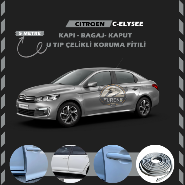 Citroen C-Elysee Oto Araç Kapı Koruma Fitili 5metre Parlak Gri Renk ürün görseli 1
