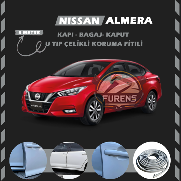 Nissan Almera Oto Araç Kapı Koruma Fitili 5metre Parlak Gri Renk