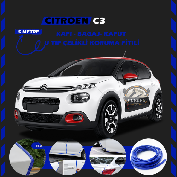Citroen C3 Oto Araç Kapı Koruma Fitili 5metre Parlak Mavi Renk ürün görseli 1