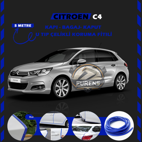 Citroen C4 Oto Araç Kapı Koruma Fitili 5metre Parlak Mavi Renk ürün görseli 1