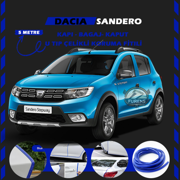 Dacia Sandero Oto Araç Kapı Koruma Fitili 5metre Parlak Mavi Renk ürün görseli 1