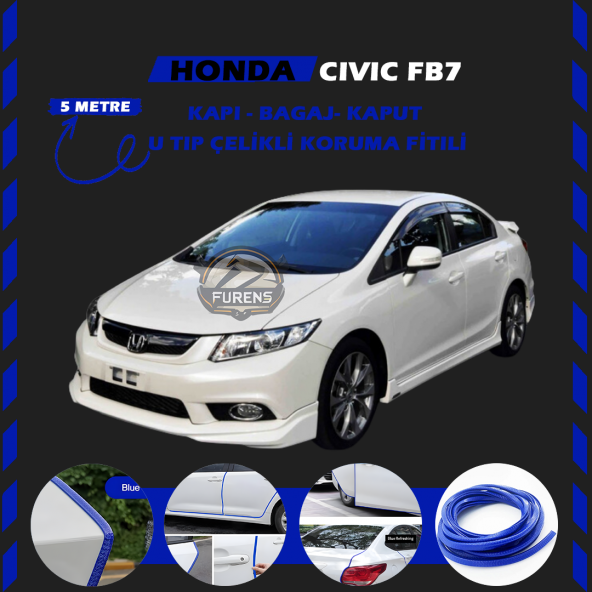 Honda Civic FB7 Oto Araç Kapı Koruma Fitili 5metre Parlak Mavi Renk ürün görseli 1