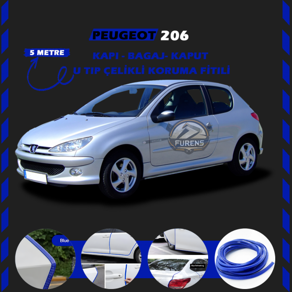 Peugeot 206 Oto Araç Kapı Koruma Fitili 5metre Parlak Mavi Renk ürün görseli 1