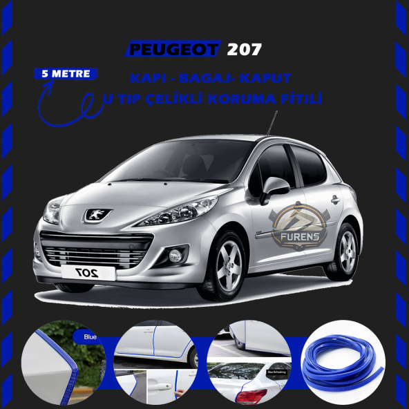 Peugeot 207 Oto Araç Kapı Koruma Fitili 5metre Parlak Mavi Renk ürün görseli 1